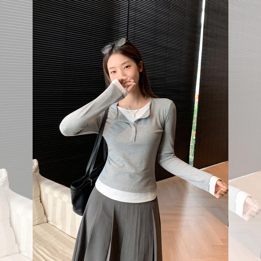 Flower ash fake two-piece splicing V-neck long-sleeved T-shirt women's autumn new slim-fitting and thin button-bottomed shirt top