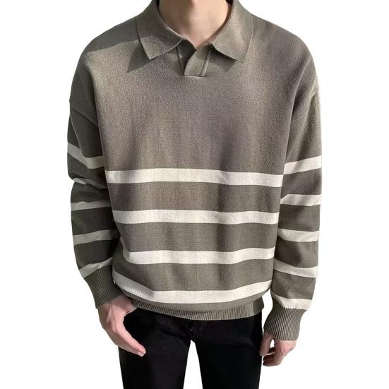 Podzim Zima Pánský Svetr Colorblock Pruhovaný Límec na Zapínání Pletený Volný Dlouhý Rukáv Volný Pulovr Pletenina Anglický Styl Školní Svetr