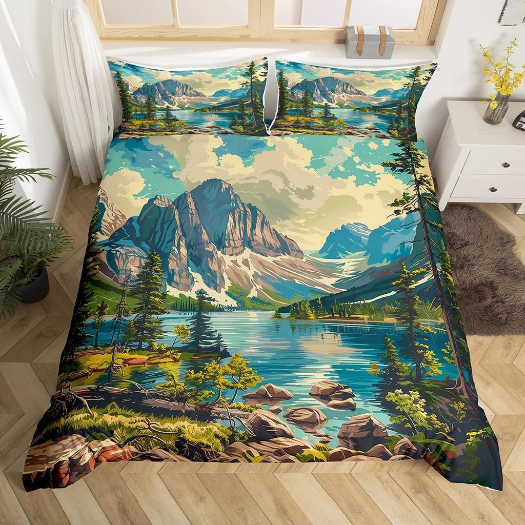 Mountain River Soft Duvet Cover Set Quen Sized Dimensions,Retro Adventure Theme Warm Comforter Cover Nature Scenery Beding Set Young Boys Young Girls