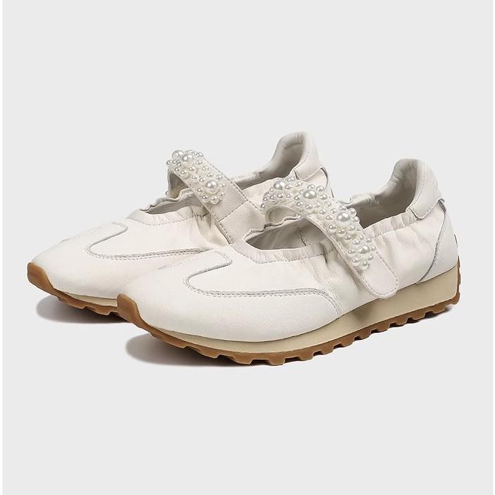 Platform Leather Ballet Style Moral Training Shoes Women's New Pearl Word with Velcro Casual Mary Jane White Shoes