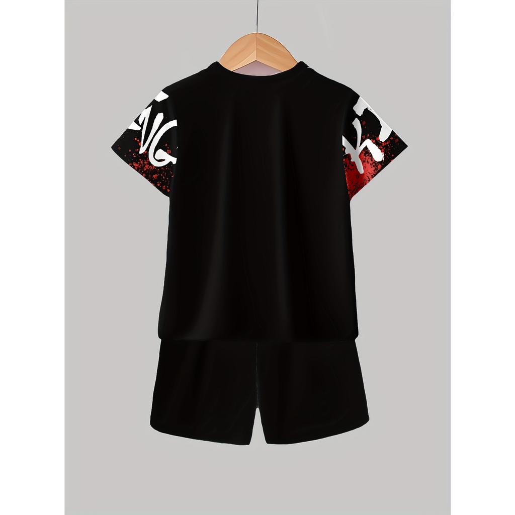 Boys' set of fashionable 3D printed casual pullover, short sleeved shorts, T sports shirt, boys' outdoor T-shirt shorts set