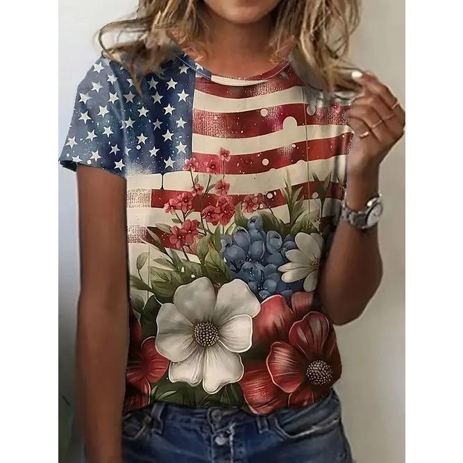 Summer Round Neck American Flag Theme Pattern 3D Print Top Fashionable Casual Short Sleeved Women's T-shirts