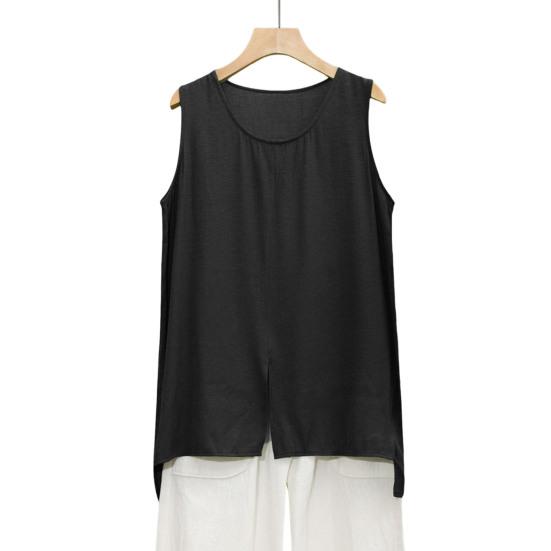 

Women Tops Sleeveless Round Neck Front Slit Design T-Shirt Pure Color Loose Fit Summer Casual Camisole Vacation Office Date Wear S чёрный