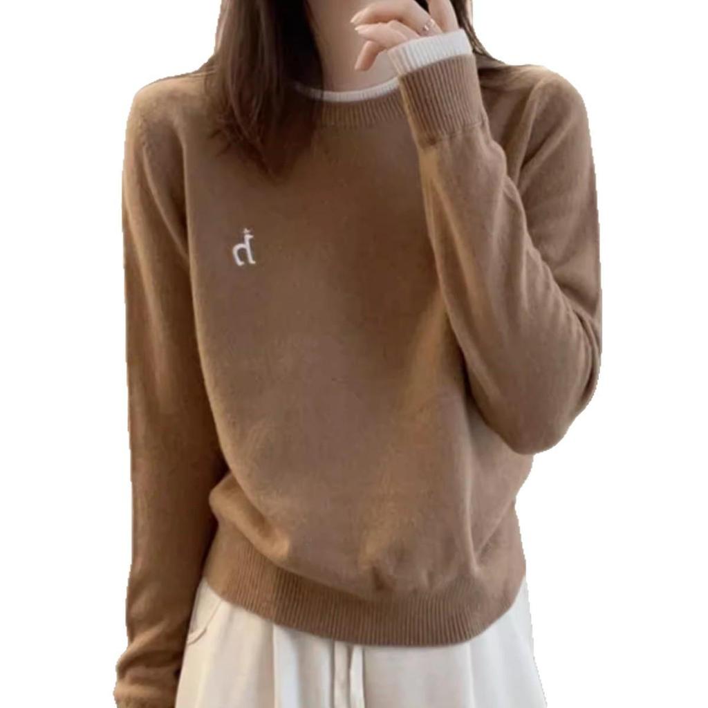2025 Women's Autumn/Winter Pure Wool Color Block Embroidered Knitwear - Casual Round Neck Loose Base Layer Top