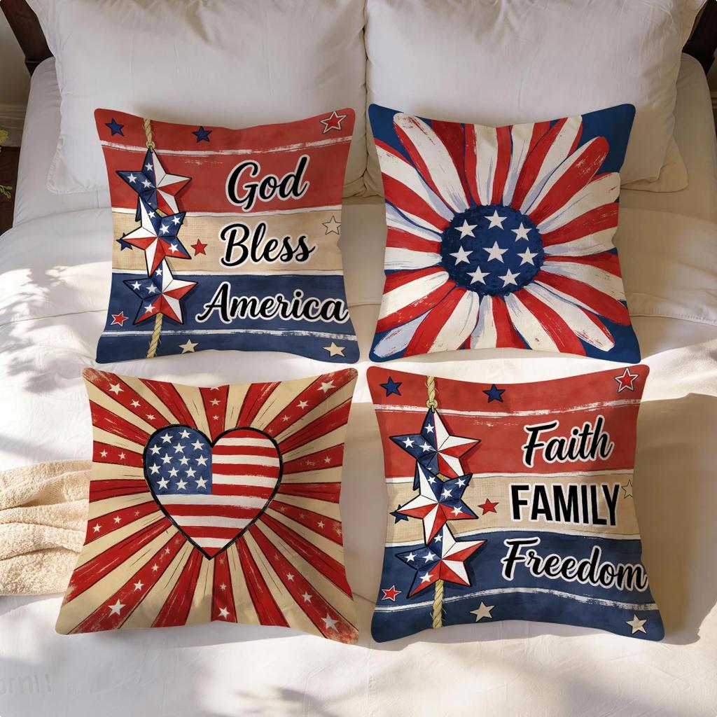 4Pcs 4Th Of July Retro Floral Heart Star Print Single-Sided Cushion Cover For Living Room Bedroom Car Home Decor