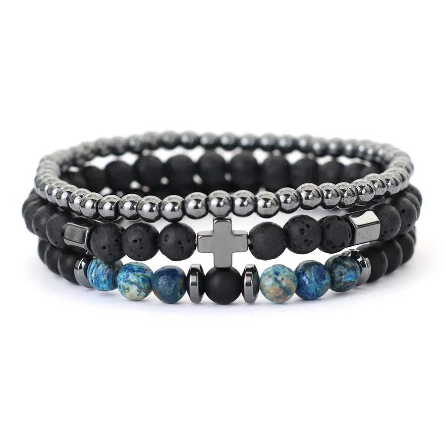 New 3Pcs Natural Stone Beads Bracelet Set With Black Onyx Tiger Eyes Hematite Healing Braclet Gifts For Him Lava Accessories