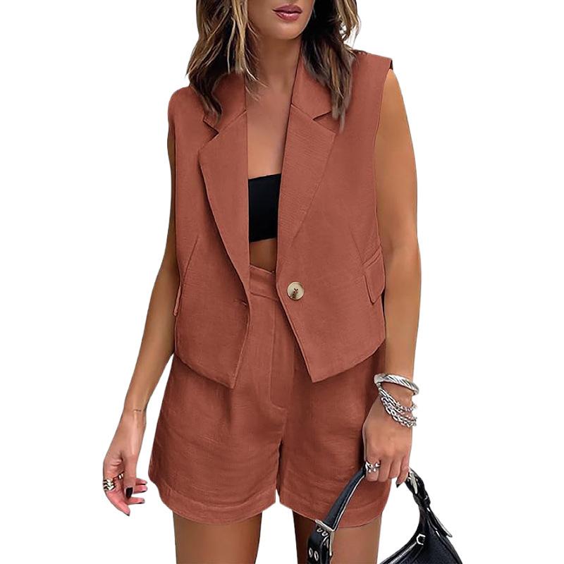 Women's Loose Fit Sleeveless Blazer Vest Shorts Two Piece Outfit Set For Summer Casual Wear