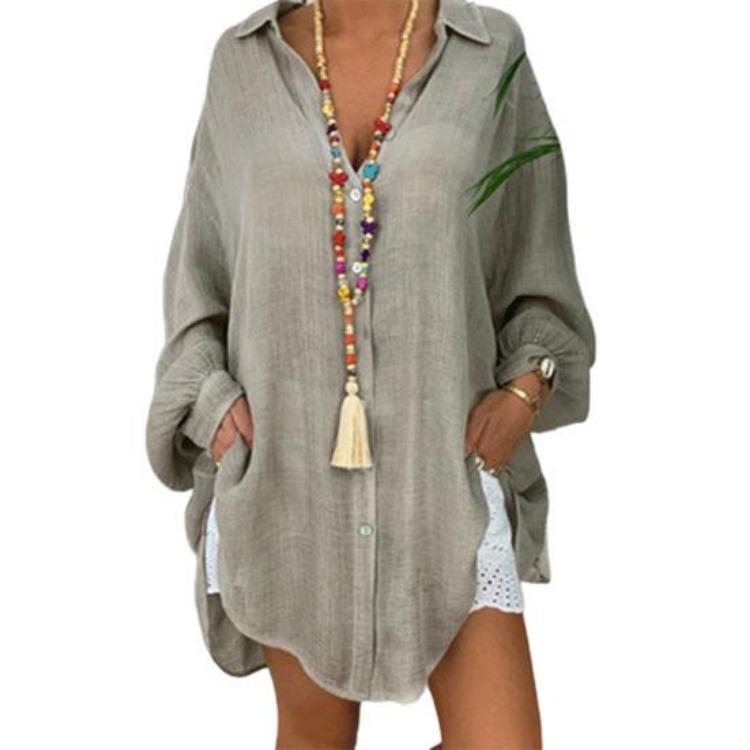 Casual Loose Lapel Shirt Solid Color Single Breasted Lady Party Wear