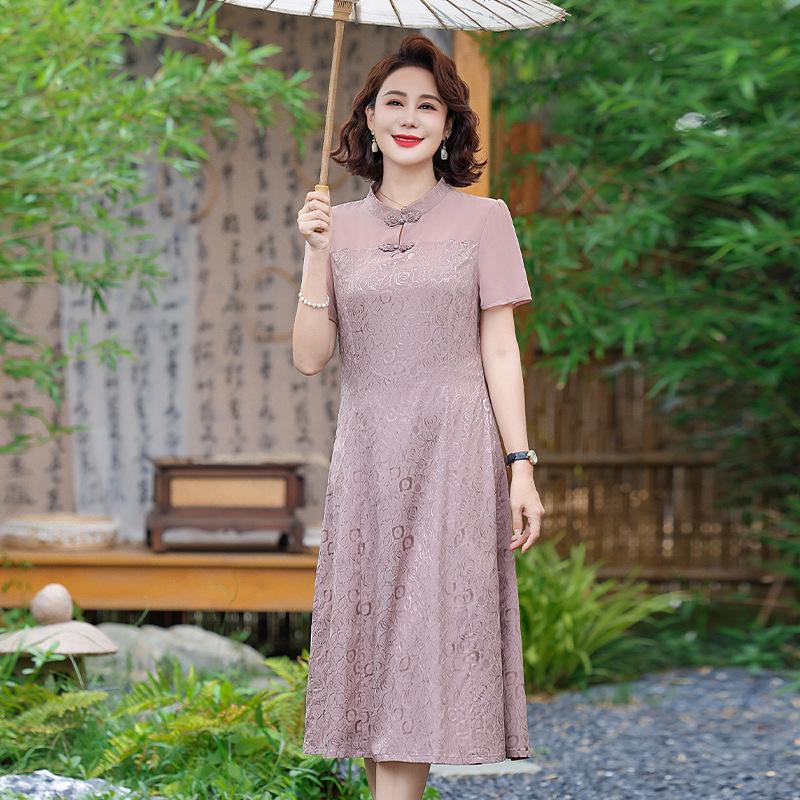 Rochie Qipao Elegantă de Vară cu Mânecă Scurtă, Șic, 2025, pentru Femei de Vârstă Mijlocie