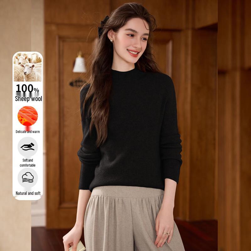 Bailuyu Women's 100% Merino Wool Stand-Up Collar Knit Sweater