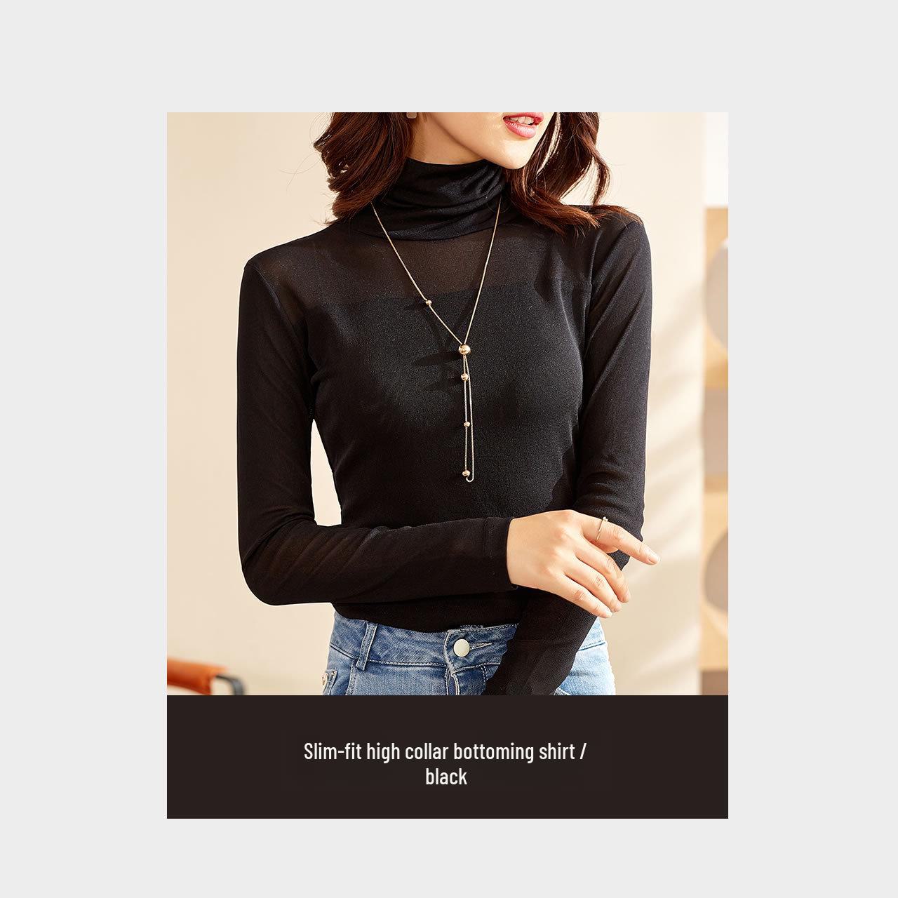 

Женский сетчатый топ с высоким воротником и длинными рукавами, осень 2023 г. — однотонный, эластичный, универсальный 3XL