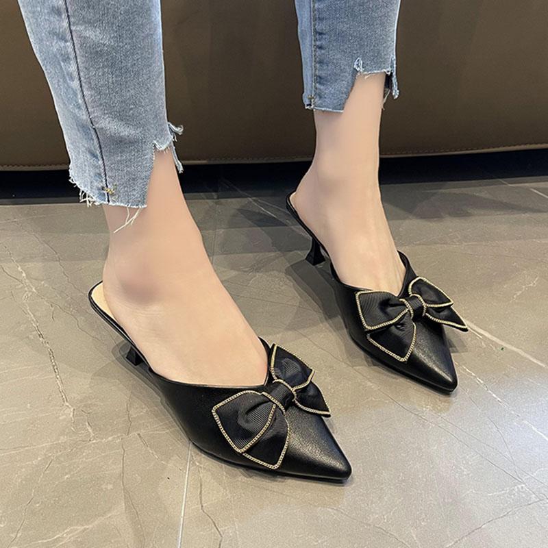 Süße Schleife High Heels Pantoletten Hausschuhe Damen Spitzschuh Pfennigabsatz Partyschuhe Frau Sommer Mode PU Leder Slides