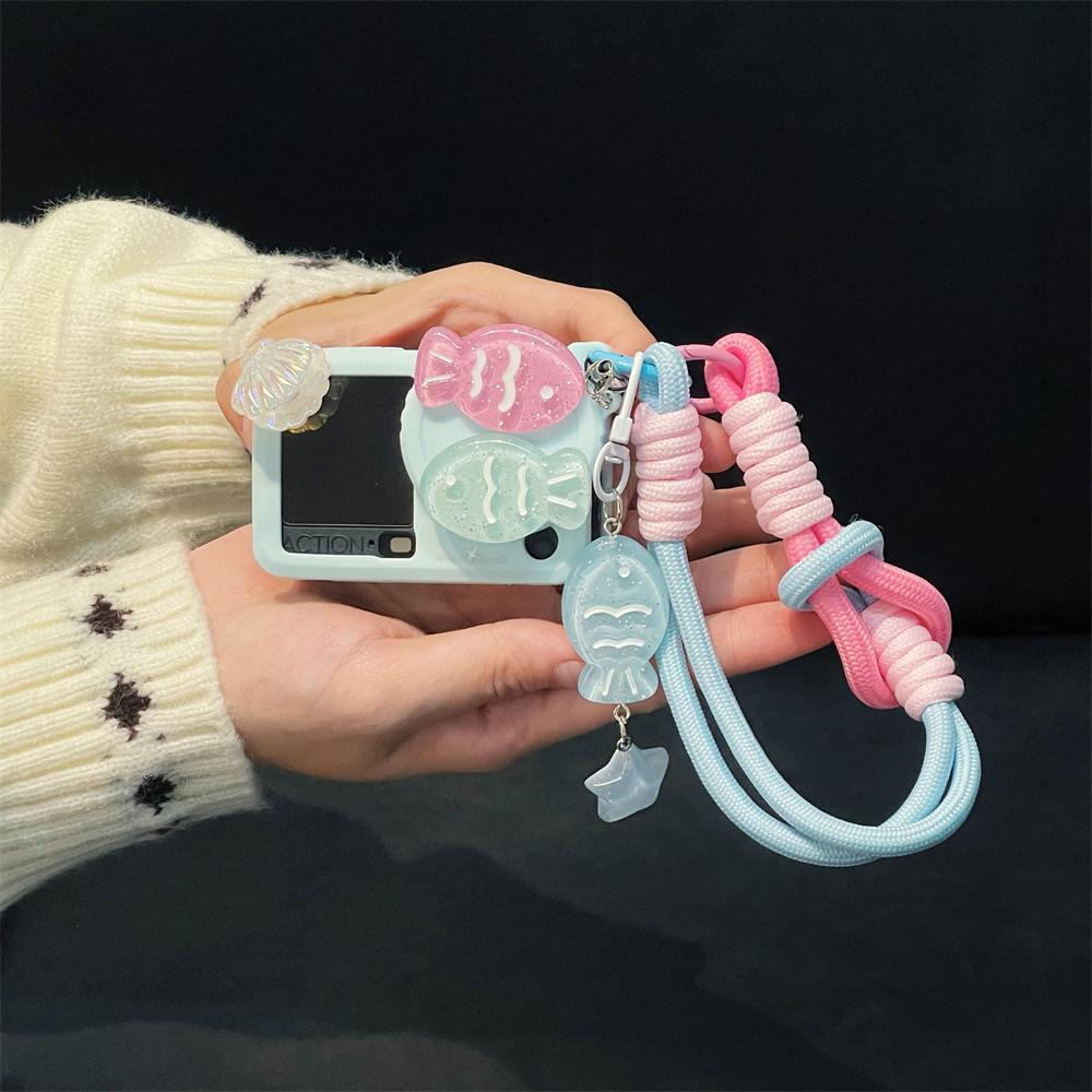 Color-block Double Fish Protective Case with Cartoon Lanyard for DJI Action 3/4/5PRO - Drop-proof Shell for Action 6.