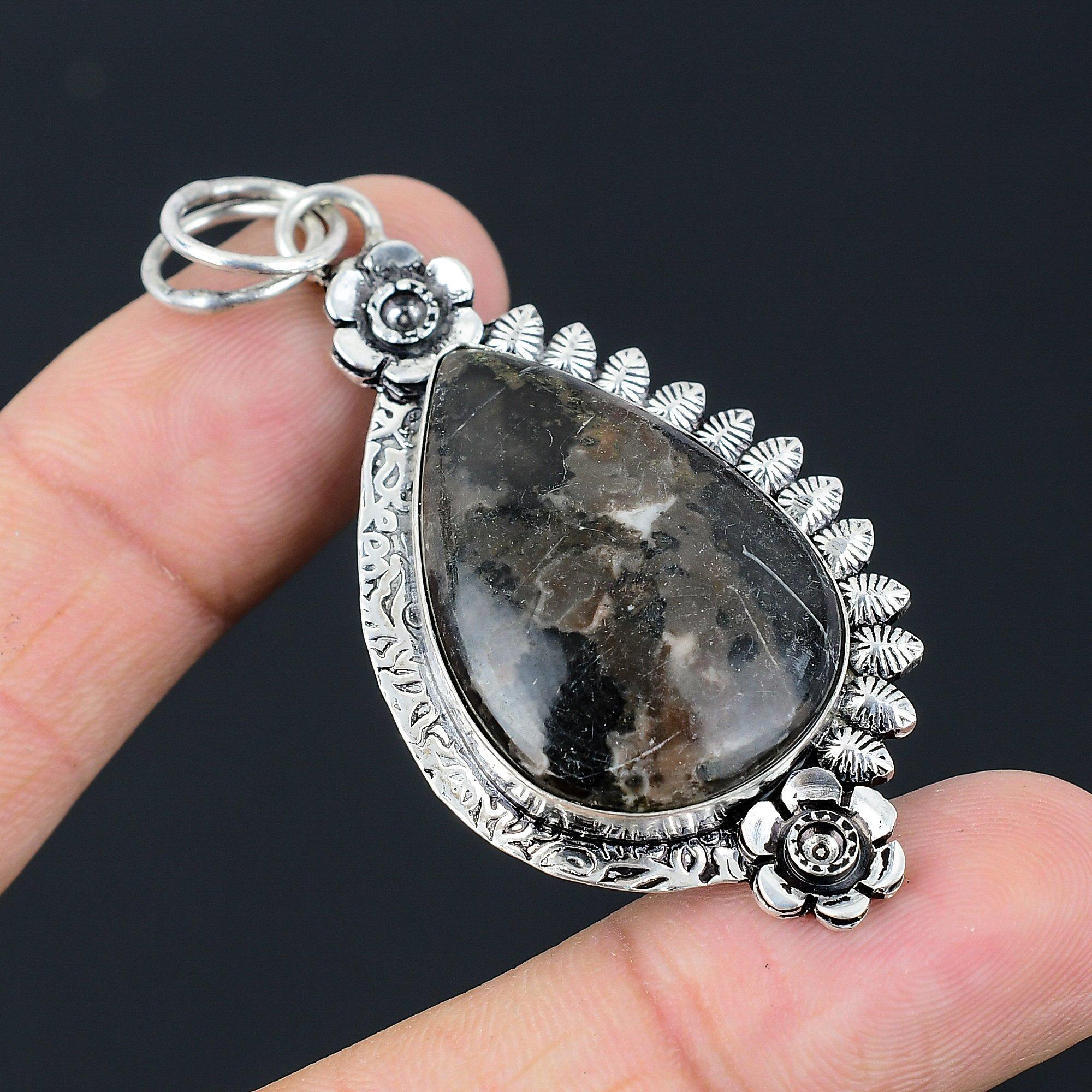 Daughters Day Sale Sterling Silver Gabbro Jasper Stone Flower Pendant Jewelry