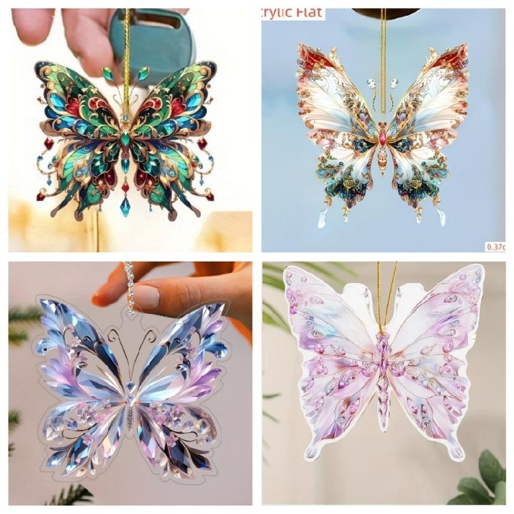 Crystal Like Colorful Butterfly Hanging Ornament 2D Flat Acrylic Pendant Bag Charm for Car Rear Mirror and Home Decors