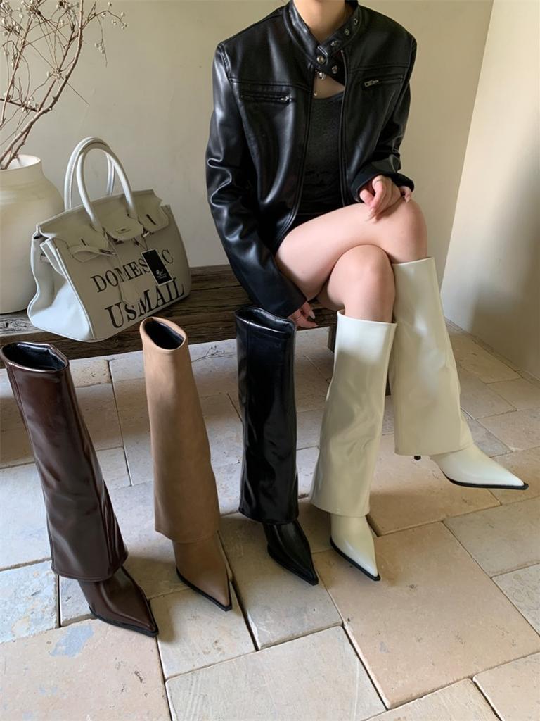 High-heeled Pointed Brown Maillard Trousers Medium Boots Women's Shoes 2025 New Spring and Autumn Winter Long Tube Knight Boots