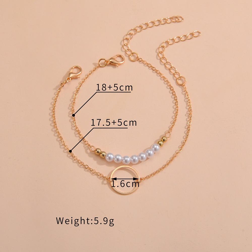 Geometrischer Ring Perlenbesetztes Doppeltes Metall Damen Armband Set