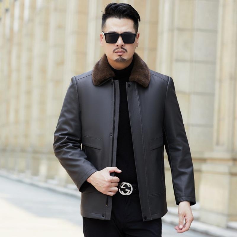 Autumn and winter new men's genuine leather jacket with fur integrated removable liner, velvet and thickened fur collar daddy outfit