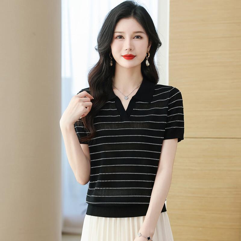 Snowflying Women's Color Block Stripe Knitted Short Sleeve T-Shirt