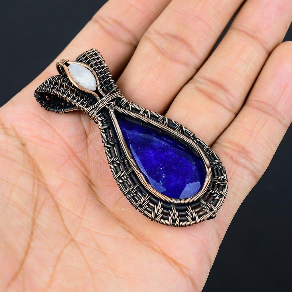 Blue Sapphire Pendant, Handmade Gemstone Pendant, 999 Copper Wire Wrapped Pendant Antique Jewelry, For Engagement Gift