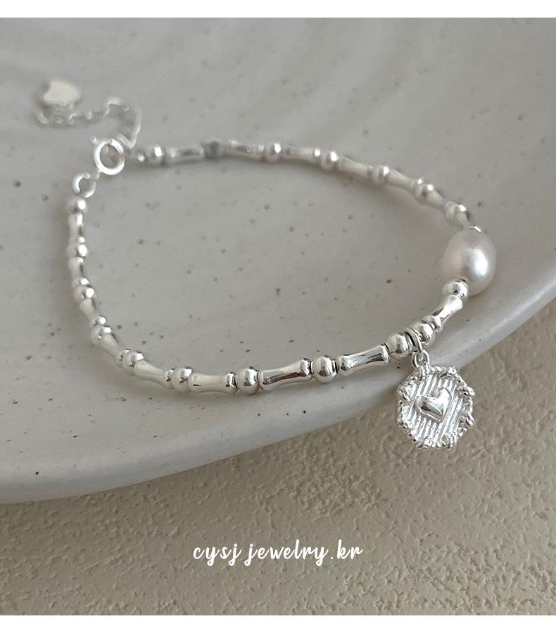S925 Sterling Silver Korean Bamboo Pearl Heart Bracelet - Women's Niche Cold Style Trendy Jewelry