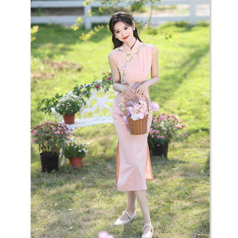 Pink New Chinese Long Hong Kong Style Sleeveless Young Girl Cheongsam 1011 Summer New Slim and Thin Daily Wear