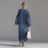 Women Deep Blue Loose Fit V Neck Button Front Puff Sleeve Denim Maxi Dress