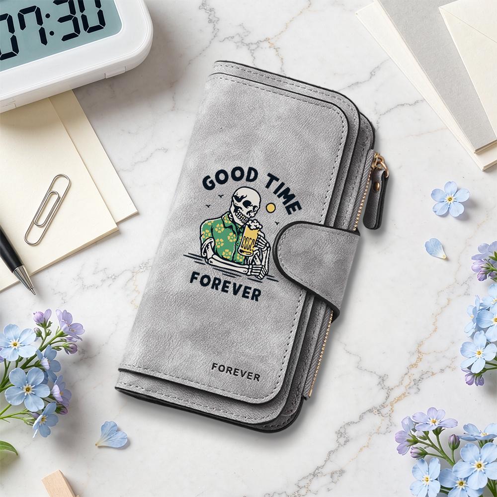 Good Time Forever Skull Printed Long Wallet Large Capacity Card Holder Vintage Purse for Daily Use
