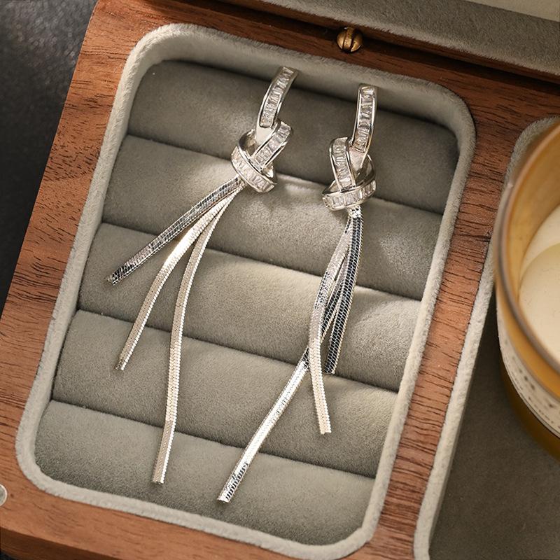 

2024 New Silver Knotted Long Tassel Earrings: Elegant High-End Style for Women