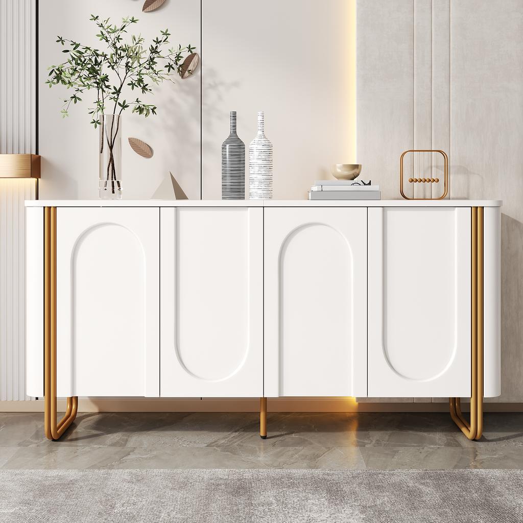 Sideboard Buffet MDF Iron Feet 4 Doors Arch Relief Rounded Corners Push-to-Open Staggered Storage Living Room