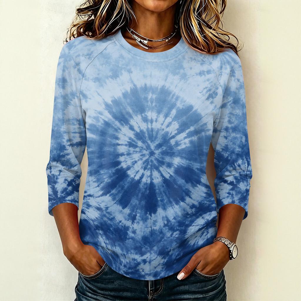 Damen Lässiger Raglanärmel Pullover T-Shirt Rundhalsausschnitt Dreiviertelarm Batik Print Oberteil für den Alltag
