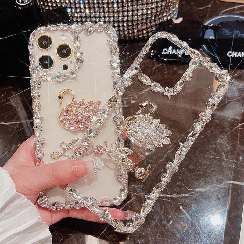 For Apple 16 Mobile Phone Case for IPhone15 Rhinestone 14 Swan Xsmax Letters XR Transparent Acrylic Ins