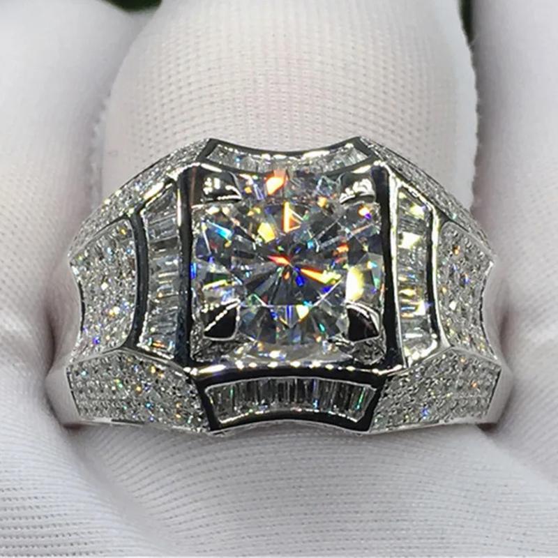 Modischer Herrenring mit weißem Kristall-Zirkonia-Stein, Luxus-Silberfarbe, Verlobungsring, Klassischer Schmuck für Hochzeitsfeier, Valentinstagsgeschenk