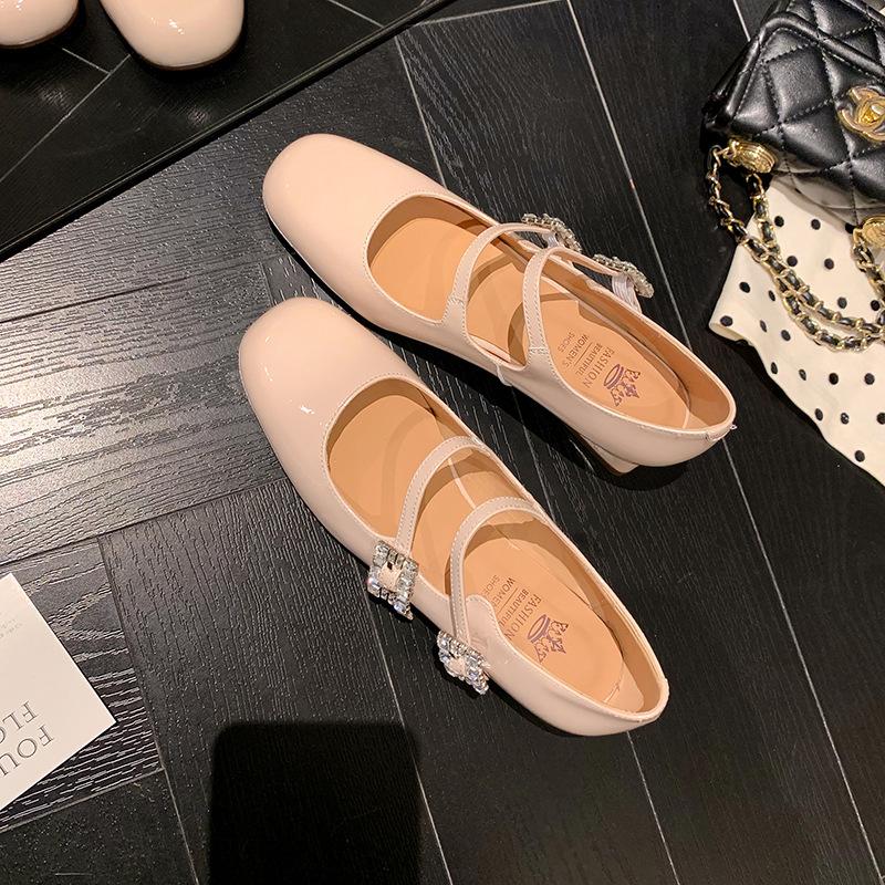 2025 Early Spring Round Head and Leather Shallow Mouth One-word Buckle with Rhinestone Square Buckle Single Shoes Bai and Mary Jane Women