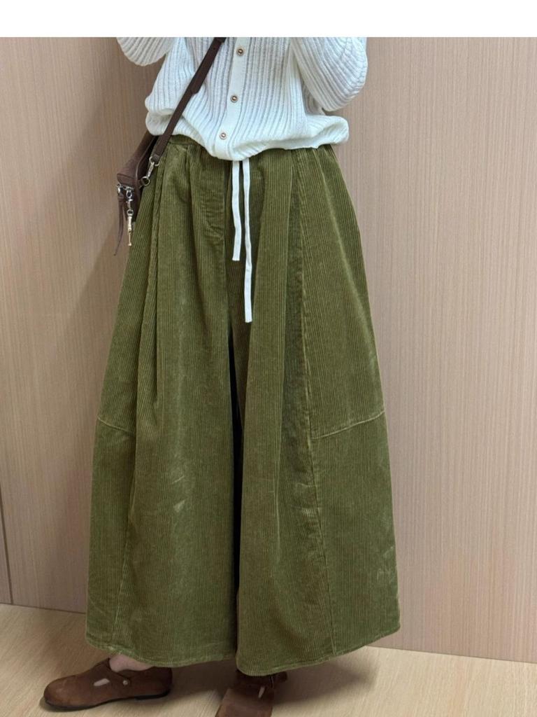 Autumn Winter Korean Style Fleece-Lined Warm Loose Fit Slimming Casual Pants for Women Wide Leg Corduroy