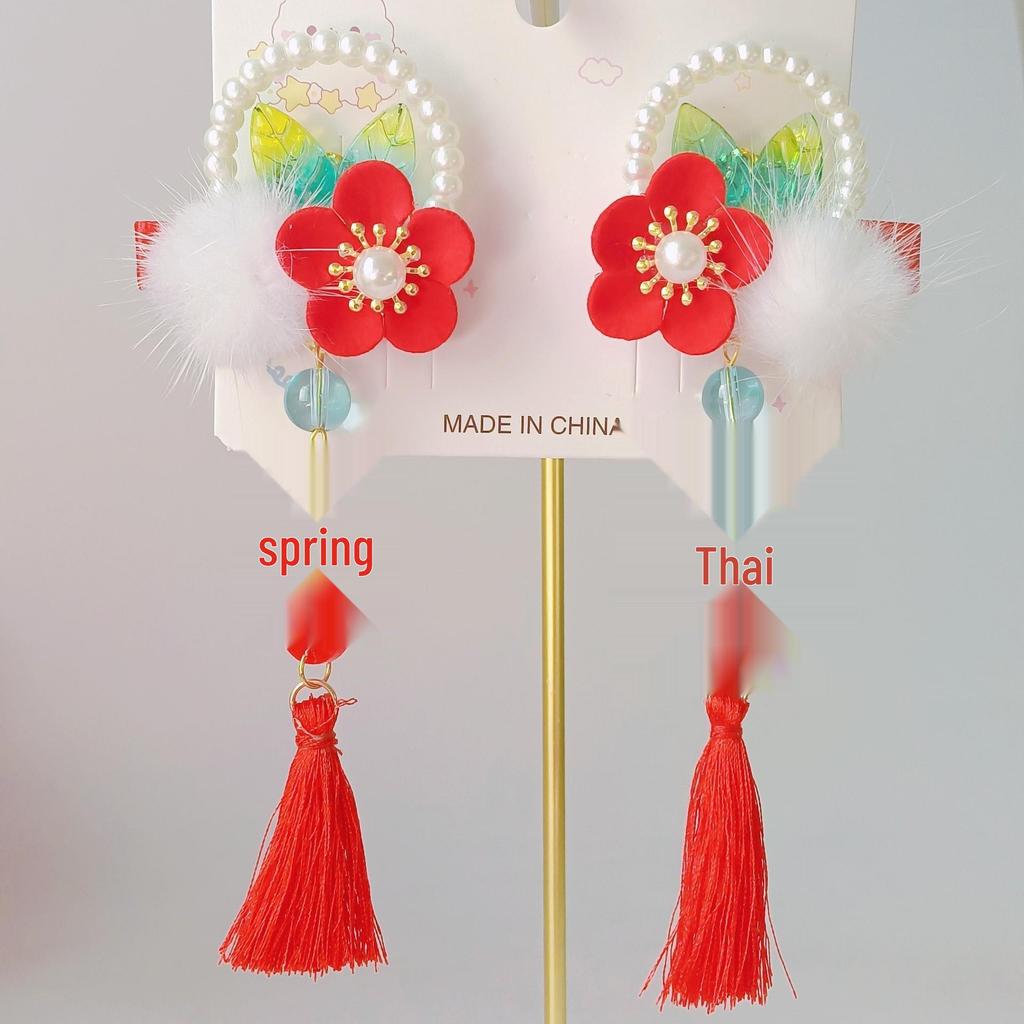 Red New Year Hanfu Hair Clips for Girls - Chinese Style Floral Headwear