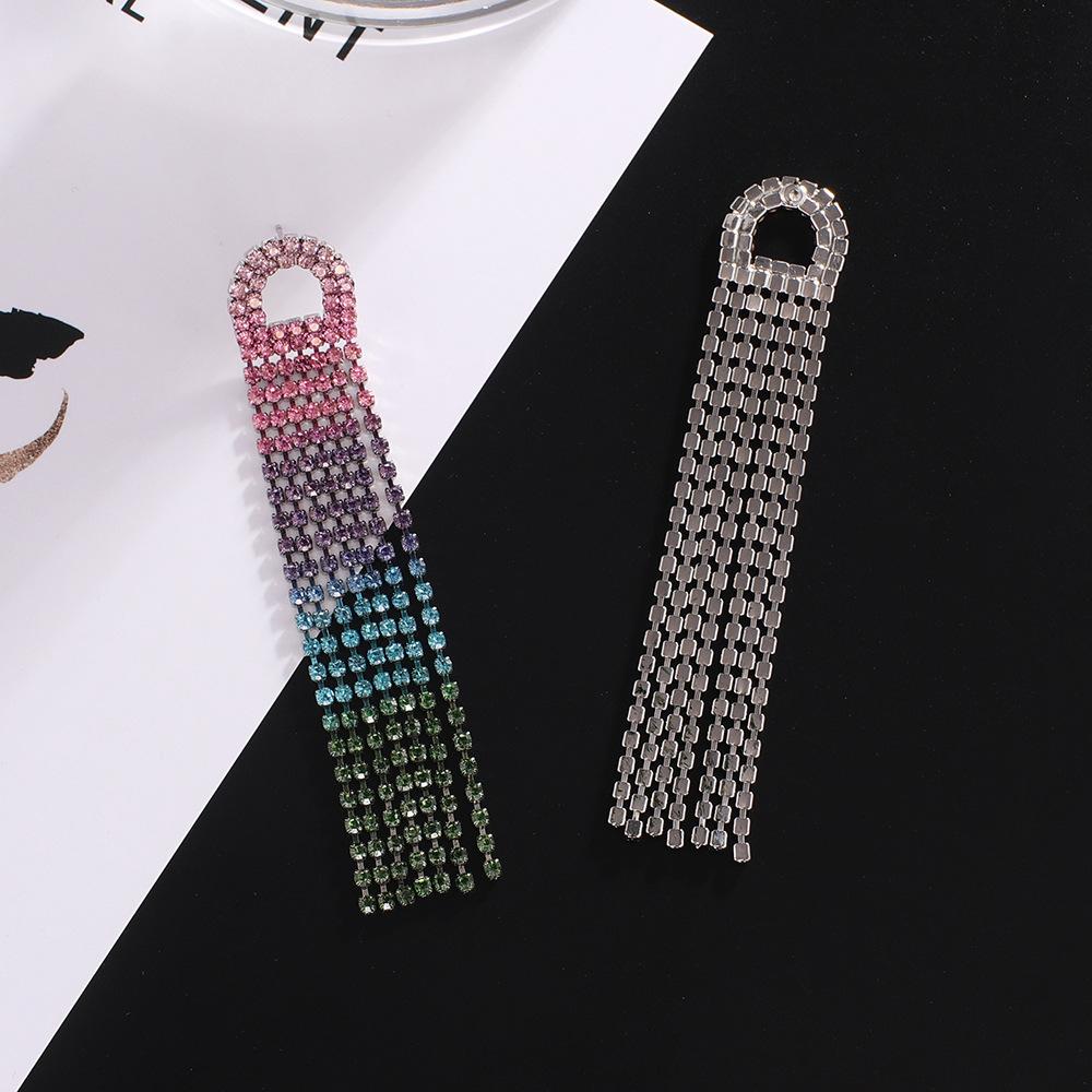 Elegant Long Tassel Rhinestone Stud Earrings Women's Wedding Performance Stage Multi-Color Gradient Slimming E775