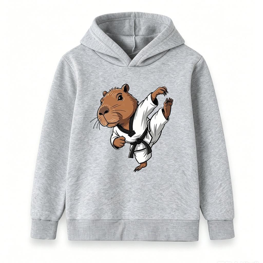 Kids Boys Girls Hoodie, Cute Capybara Taekwondo Karate Print Casual Pullover Sweatshirt for Children Daily Wear