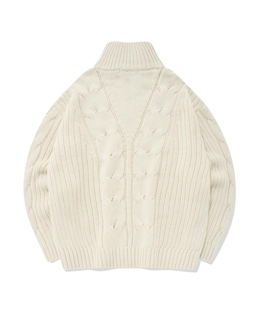 FALLETT Laine d'agneau Tricot torsadé Demi-zip Ivoire