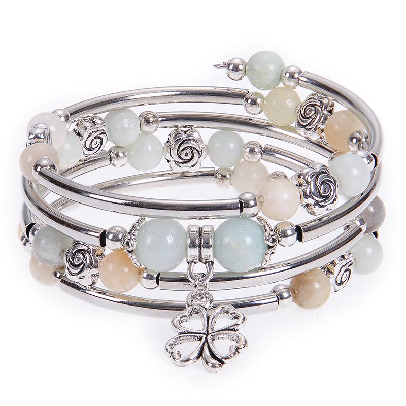 Pink Zebra Stone Multi-Layer Wrap Bracelet with Floral Pendant