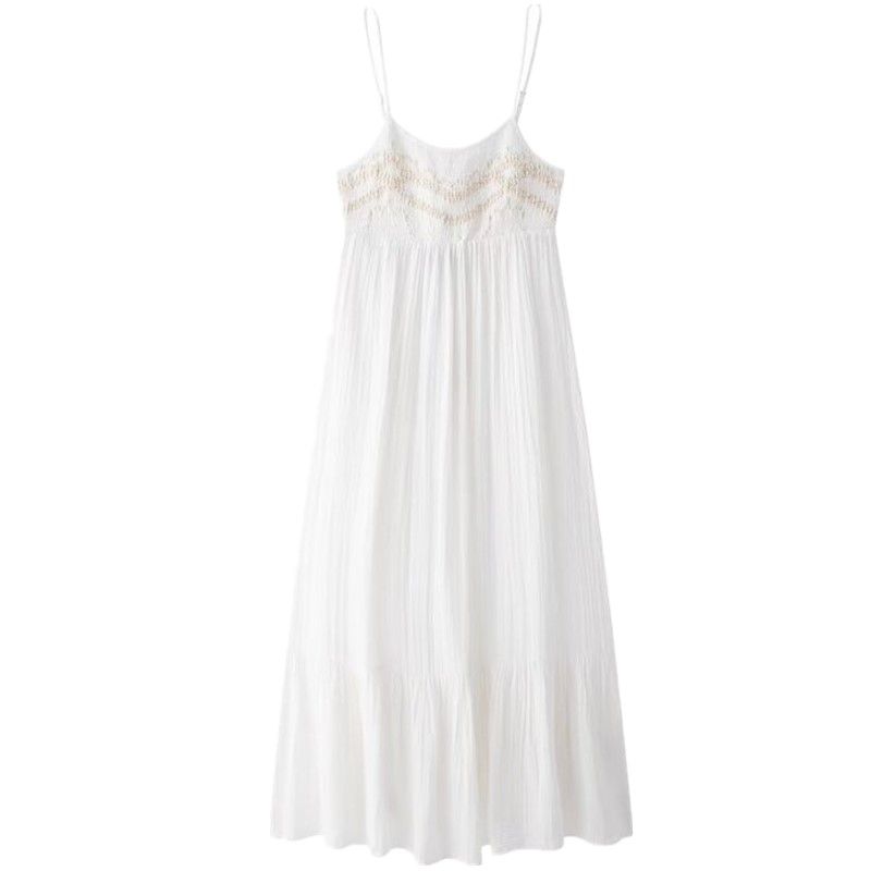 

Fashion Style 2024 Autumn New Women s Sling Embroidered Plain Cotton Mid Length Long Length Dress 0881374 White L