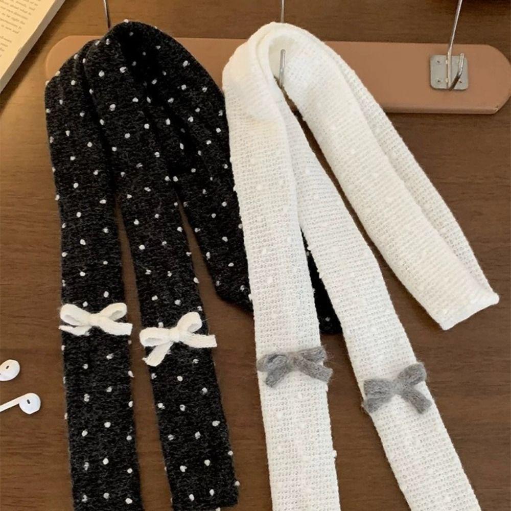 Fashionable Warm Polka Dot Scarf Korean Bowknot Soft Narrow Long Scarf Knitted Scarves Bib Women Neck Accessories