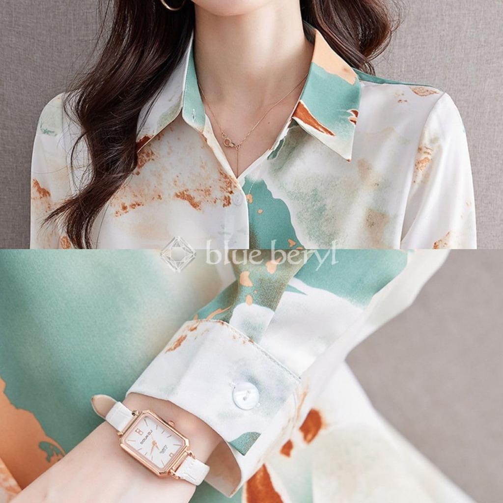 Blue Beryl Watercolor Print Soft Long Perfect for Popular Women's Shirt, Fabric, Sleeve, Spring/Autumn, Elegant, Feminine, Flattering, Commuting,