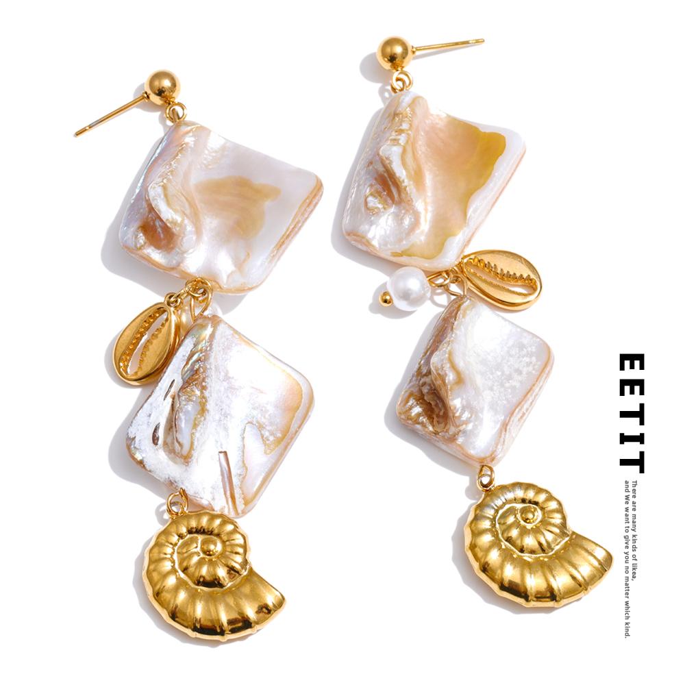 Eetit Ocean Series Square Shell Conch Drop Earrings Summer Holiday Golden Stainless Steel Jewelry Waterproof Recommend New