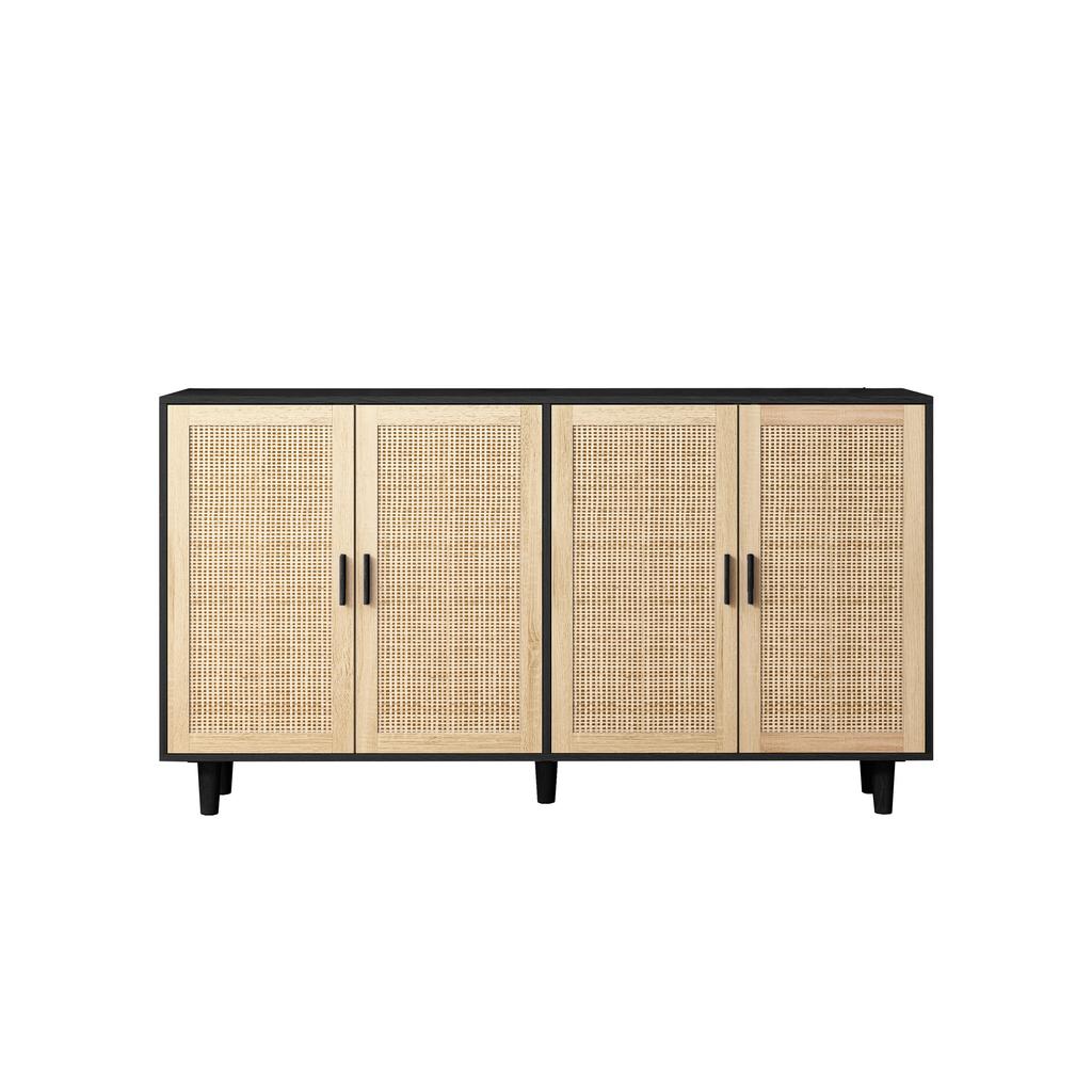 158CM Elegant and Functional 4-Door Rattan Decorative Storage Cabinet,for Bedroom,Living Room,Office,Black