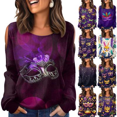 Women's Winter Oversized T-Shirt Fashionable Off-the-Shoulder Round Neck Vintage Floral Print Pullover Long-Sleeved Top