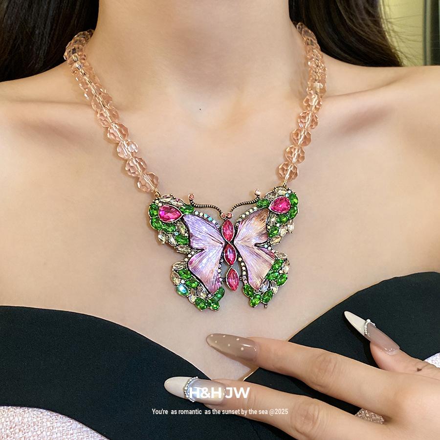 Vintage Rhinestone Resin Butterfly Necklace Earrings Luxury Women Jewelry