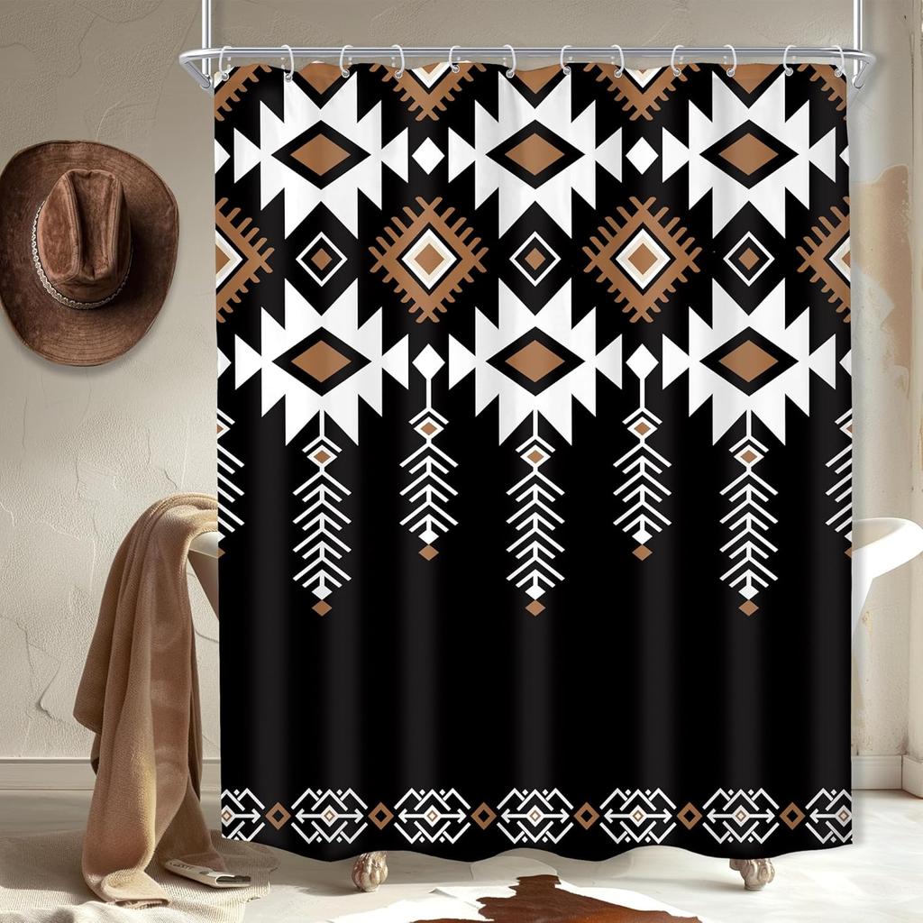 Black Aztec Western Shower Curtain for Bathroom Decor Abstract Boho Geometric Tribal Ethnic Retro American Brown Tan Simple