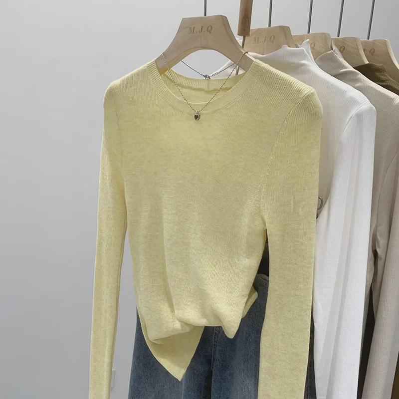 Pulover Tricotat Verde Mentă cu Gât Rotund pentru Femei - Croială Slim, Mânecă Lungă, Top Transparent de Primăvară/Toamnă