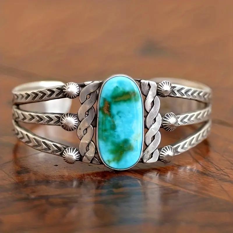 Bohemian Retro Patterned Imitation Turquoise Multi-layer Ring, Women's Ethnic Style Holiday Accessory Gift